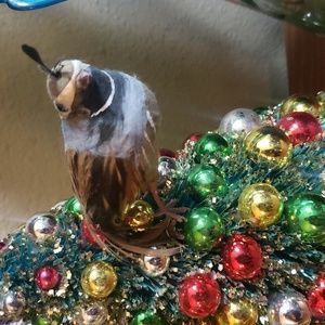 Vintage Bird for Christmas Tree Decor Ornament Felted w/ Real Feather Accents